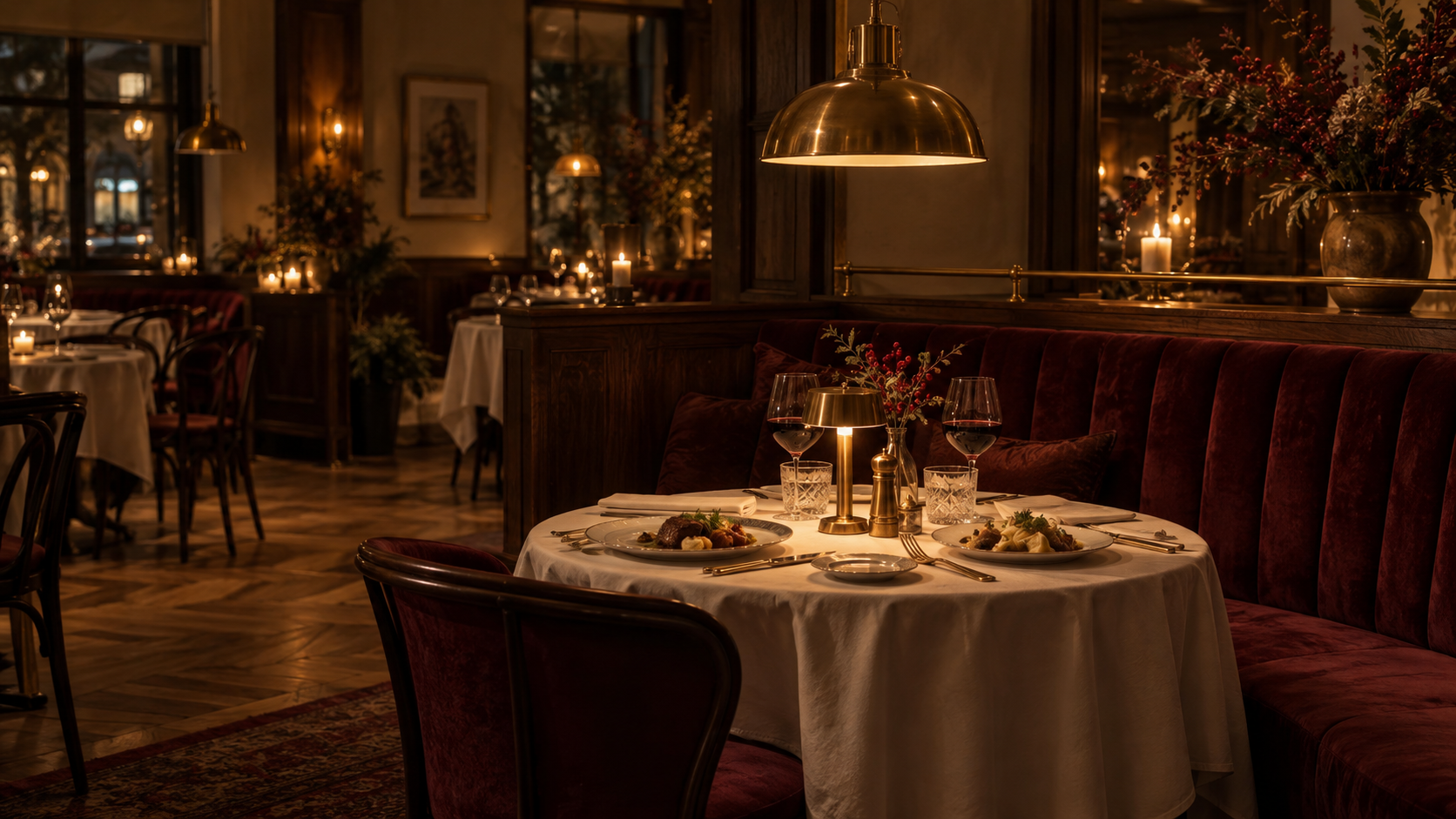 Wieczorne wnętrze restauracji Stołowa Klasa